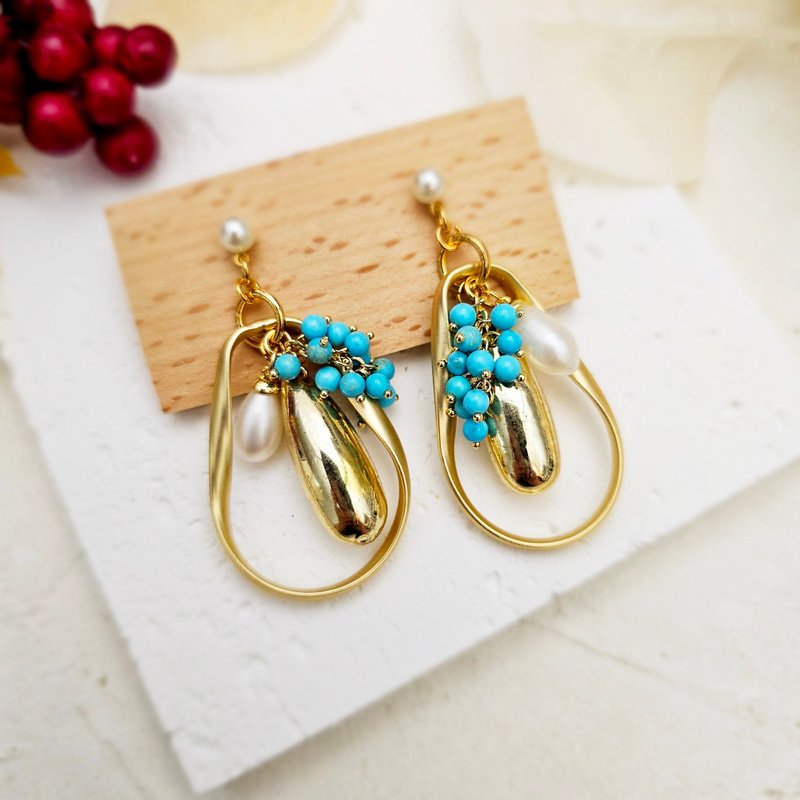 這是我的溫柔。珍珠系列 - 夾式耳環 針式耳環 不鏽鋼耳環 綠松石 - 耳環/耳夾/耳骨夾 - 珍珠 藍色