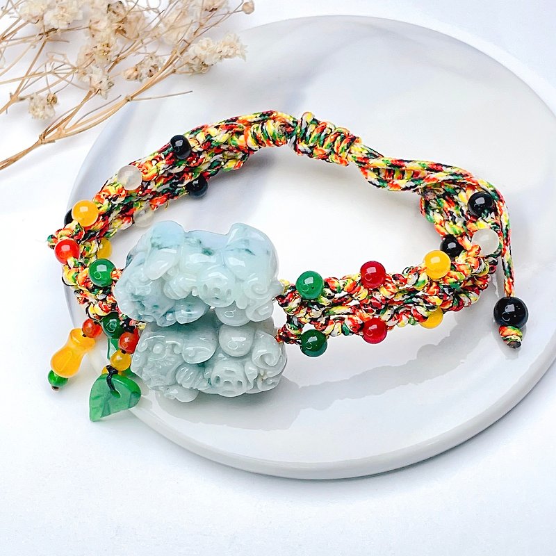 [Lucky Beast] Floating Blue Flower Jade Pixiu Braided Bracelet | Natural Burmese Jade Jade A - Bracelets - Jade Green