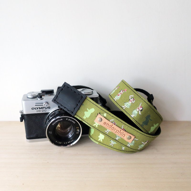 【endorphin】手工相機背帶 牛皮+棉織帶+金屬扣環〔TRAVELER旅行系列-夏威夷〕 - 相機/拍立得 - 棉．麻 綠色