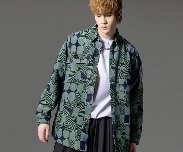 jacquard denim shirt jacket, men's print casual jacket - Shop