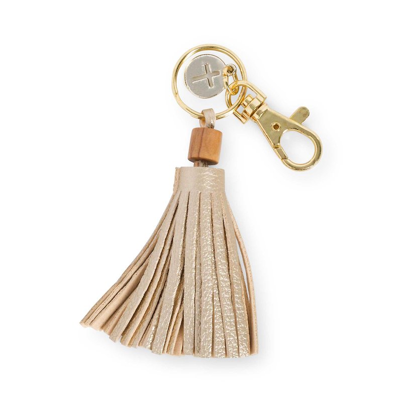 Key ring,cross,imported cylindrical olive wood bead,string to soft gold tassel - ที่ห้อยกุญแจ - เส้นใยสังเคราะห์ สีทอง