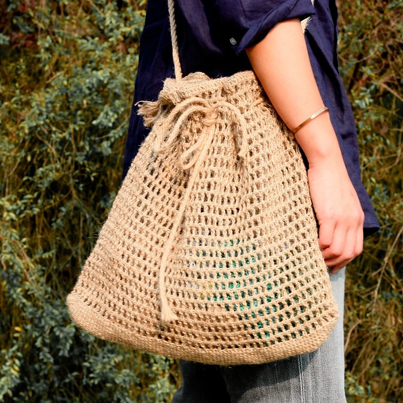 Large fishing bag / primary color Linen rope woven / - กระเป๋าแมสเซนเจอร์ - ผ้าฝ้าย/ผ้าลินิน 