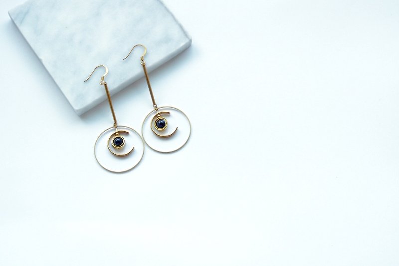 Bronze earrings | Blue sand Stone| geometric Ear / Clip-On - ต่างหู - ทองแดงทองเหลือง 