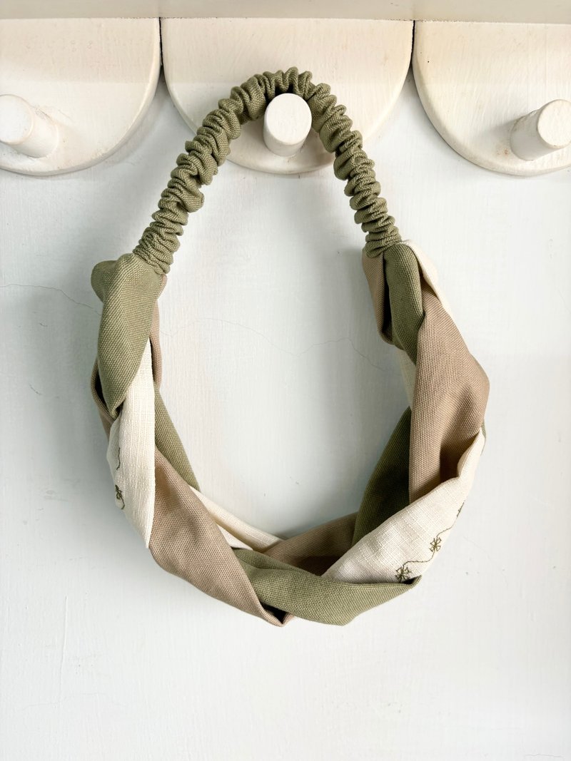 Braided hairband-Clover Khaki(electric embroidery)+hairpin+ring - Headbands - Cotton & Hemp Khaki