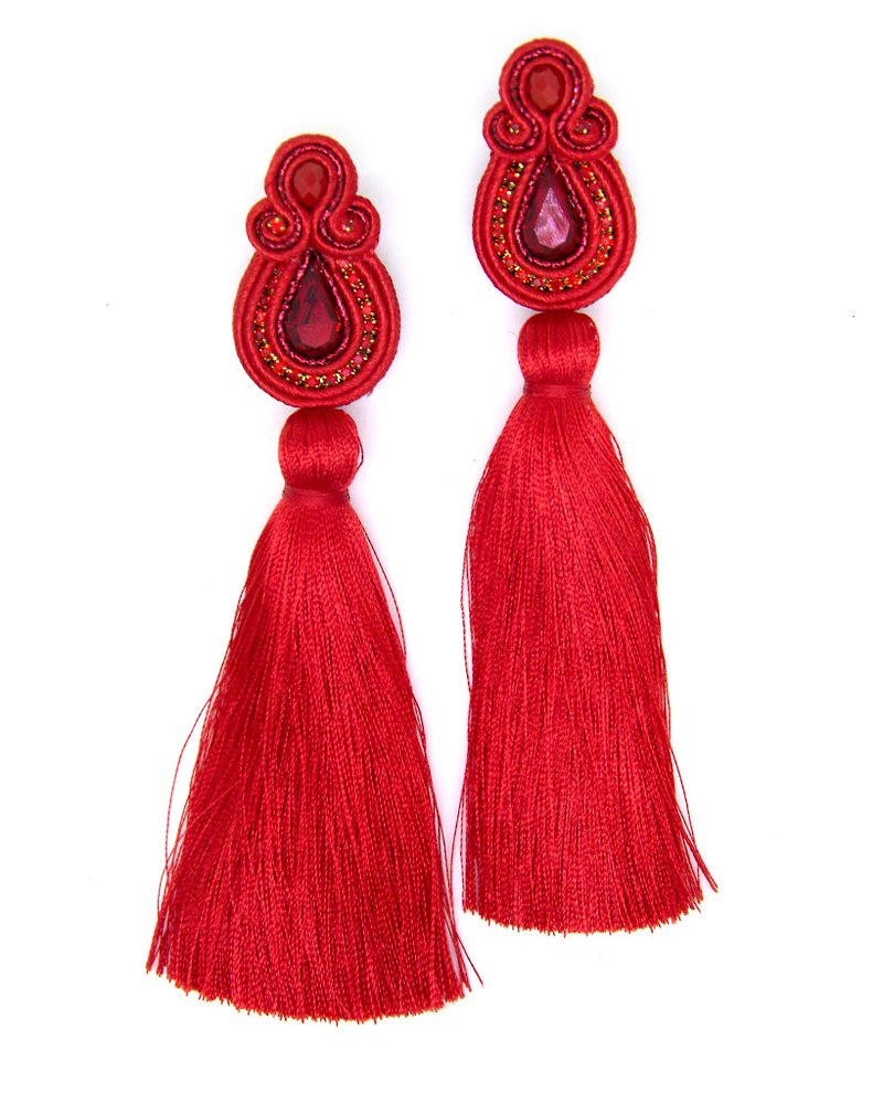 Earrings Long tassel earrings with crystals in redChristmas Gift Wrapping - Earrings & Clip-ons - Other Materials Red