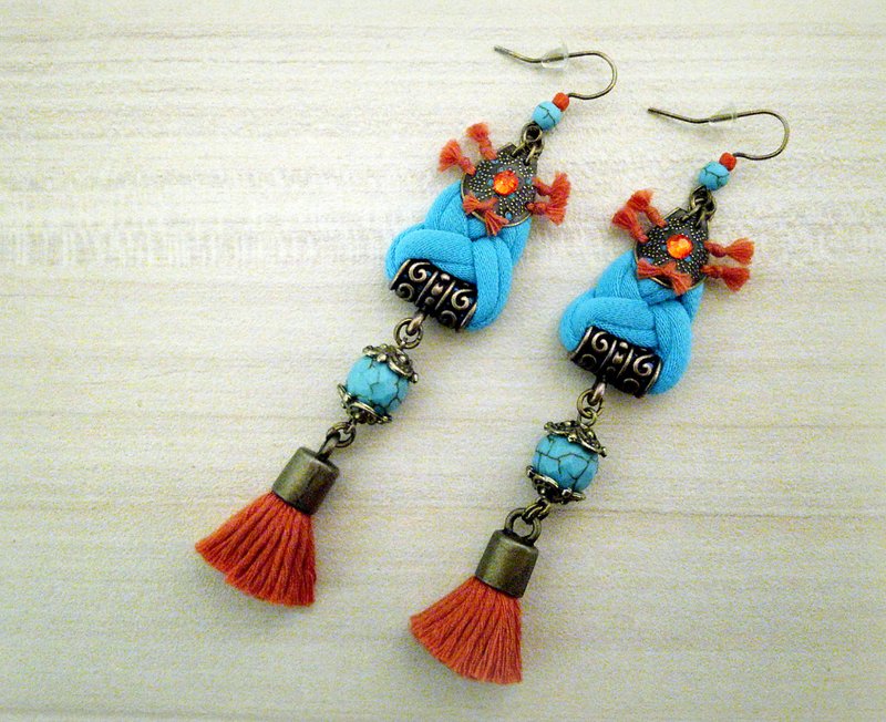 Bohemian Gypsy Indie Earrings Turquoise and Orange Festival Jewelry - ต่างหู - วัสดุอีโค สีน้ำเงิน