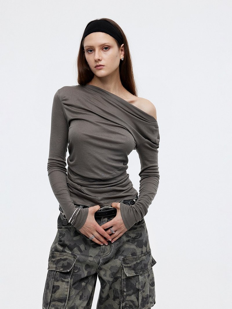 Gray green acetate silk comfortable texture top tight pleated off-shoulder boat neck long sleeve shirt - Women's Tops - Other Man-Made Fibers Green