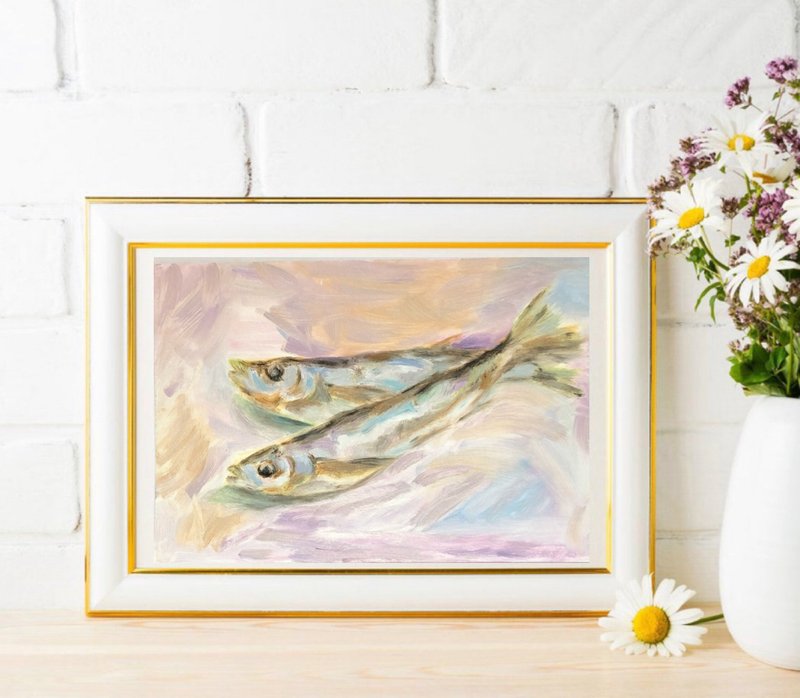 Fish still life original oil painting - 壁貼/牆壁裝飾 - 其他材質 卡其色