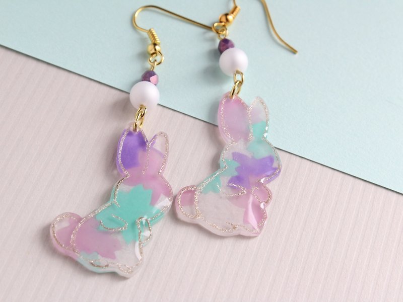 Handpainted rabbit charm with sakura pattern earrings - Earrings & Clip-ons - Plastic Multicolor
