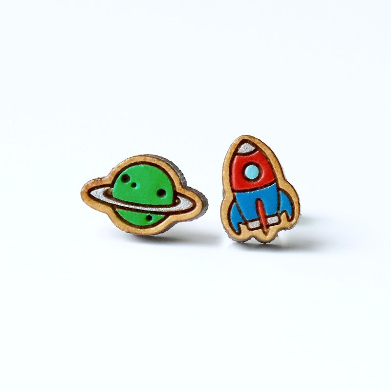 Painted  wood earrings-Planet & Rocket (green planet) - ต่างหู - ไม้ สีเขียว
