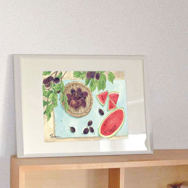 Illustration poster watermelon and prunes - โปสเตอร์ - กระดาษ สีแดง