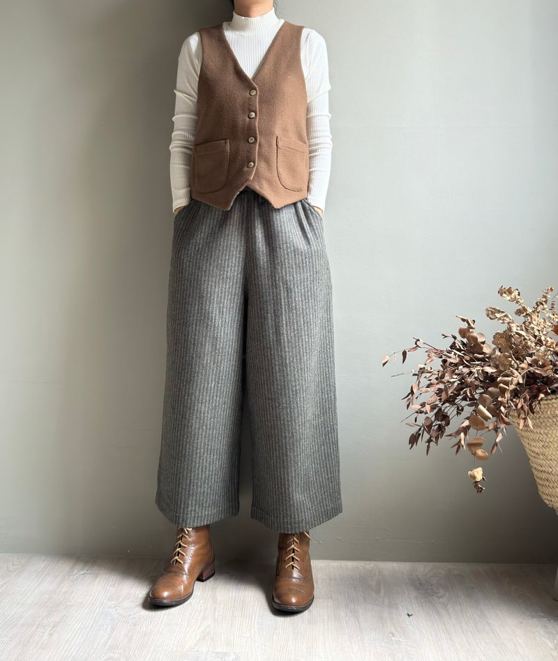 Urban forest/forest color straight pattern yarn-dyed wool pants/pocket 9-point wide pants Wool wool material - กางเกงขายาว - ขนแกะ 