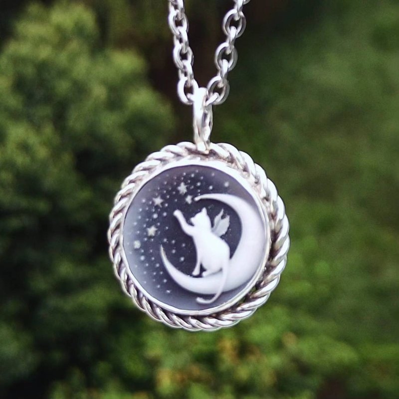 Star Moon Cat Sterling Silver Necklace - สร้อยคอ - เงิน 