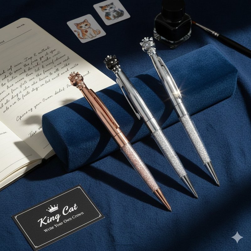 【DT&CREATION】優雅なクラウンキャット クリスタルボールペン - 油性ボールペン - 金属 シルバー