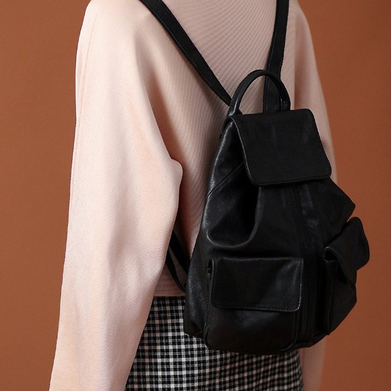 Small double pocket mini calfskin backpack black - กระเป๋าเป้สะพายหลัง - หนังแท้ สีดำ