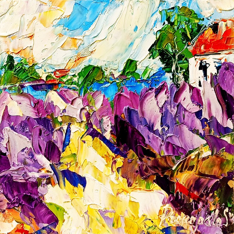 Tuscany Painting Sunflower Original Art Impasto Oil Painting Landscape 6 x 6 - 壁貼/牆壁裝飾 - 其他材質 