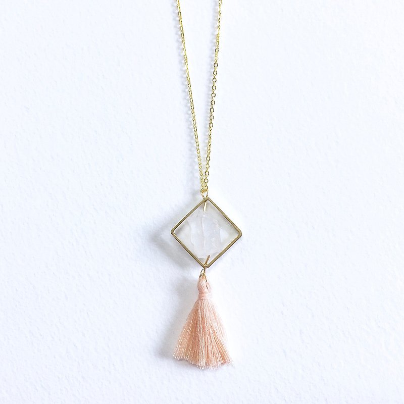 Pure Quartz Long Necklace with Pink Tassel - สร้อยติดคอ - โลหะ ขาว