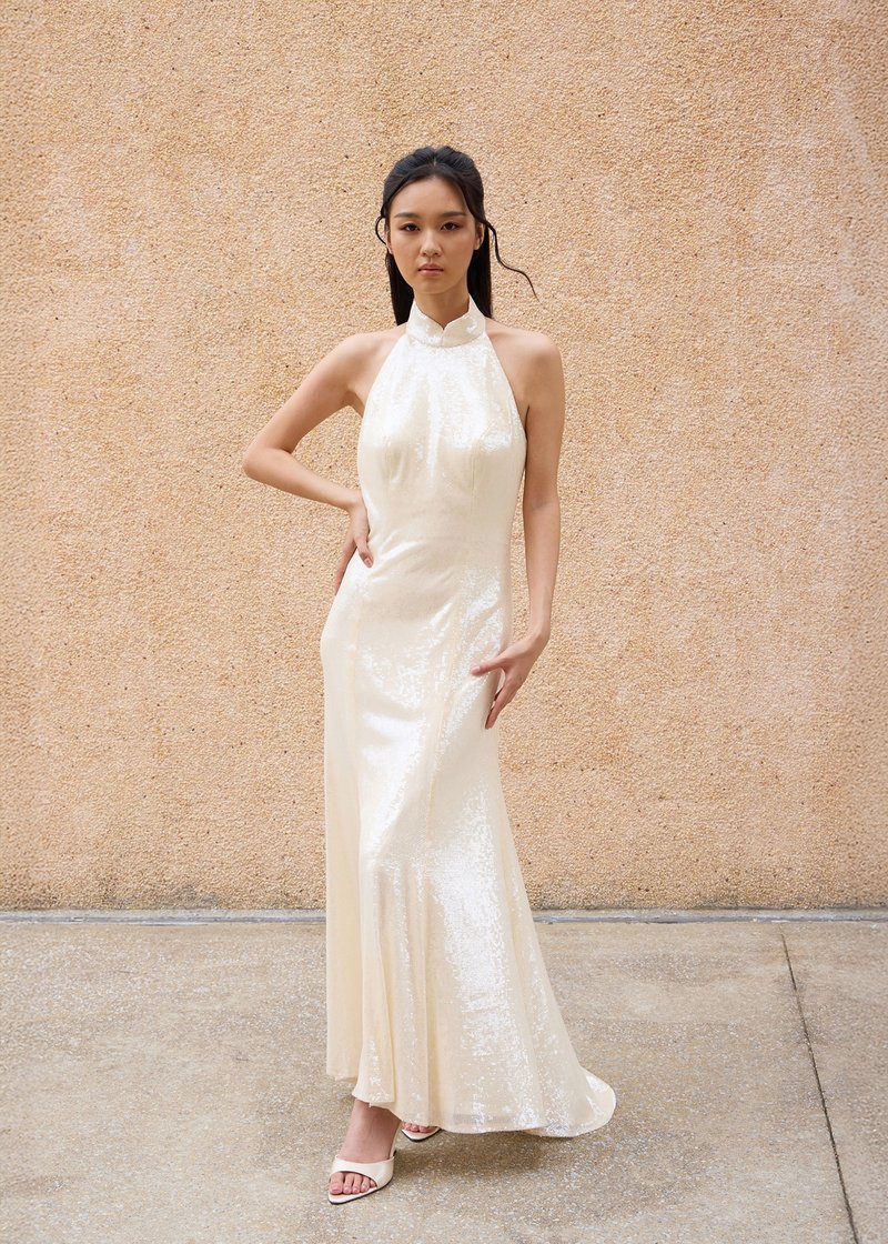 ショルダーカットアウトバックドレープスパンコールマーメイドチャイナドレス | イブニングドレス | 香港デザイン | クラシック - チャイナドレス - ポリエステル ゴールド