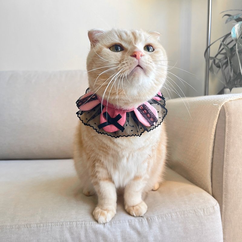 [Handmade by Chia] BLACKPINK Black Pink Lace Bow Girly Style Pet Scarf Cat and Dog Collar - Collars & Leashes - Cotton & Hemp 