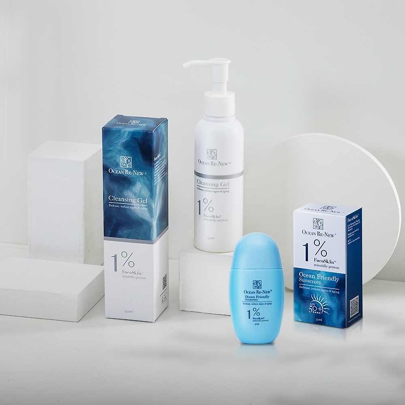 Ocean Re-New Fucoskin1% Cleansing and sunscreen Skin Care Kit - ชุดของใช้พกพา - สารสกัดไม้ก๊อก สีน้ำเงิน