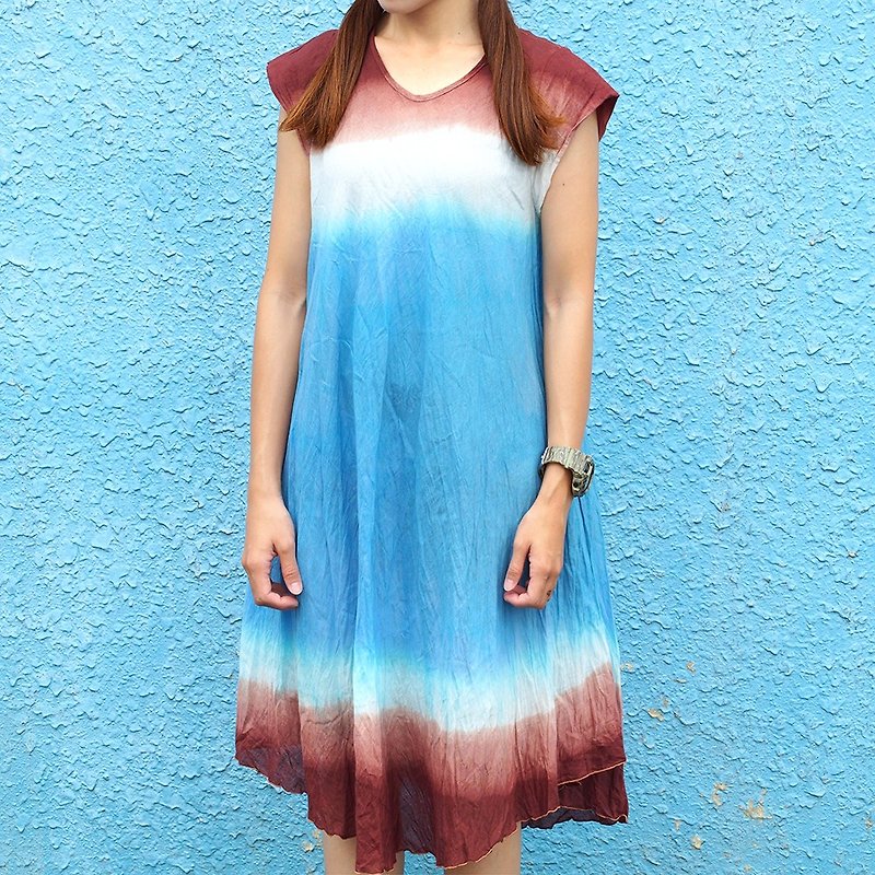 Xiaoniu Village Pure Cotton Hand-dyed Sleeveless Dress Long Edition Modification [Sky and Earth] J-47 Only this one - One Piece Dresses - Cotton & Hemp Blue