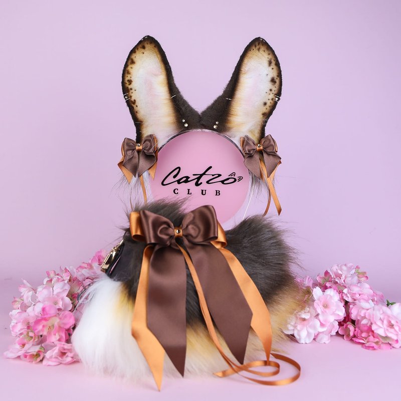 Brown Bunny Ears and Tail Set - 髮夾/髮圈 - 其他人造纖維 咖啡色