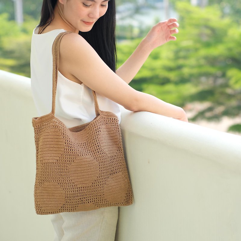 Crochet Polka Dot Tote Bag | Caramel - Handbags & Totes - Other Materials Khaki