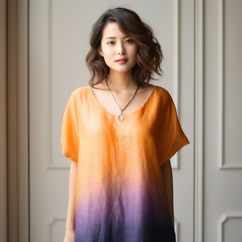 PSNY Hemp Linen Gradation Mandarin Blue Side Tuck Tunic One Piece French Sleeve AP19 - One Piece Dresses - Cotton & Hemp Orange