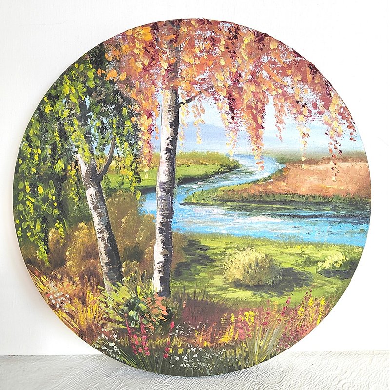 River in the Forest Painting Oil Autumn Landscape Round Wall art Original Art - Posters - Other Metals Multicolor