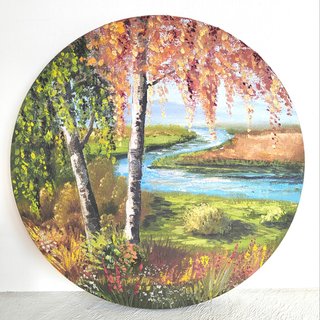 森の川 絵画 油絵 秋 風景 円形 ウォールアート 原画