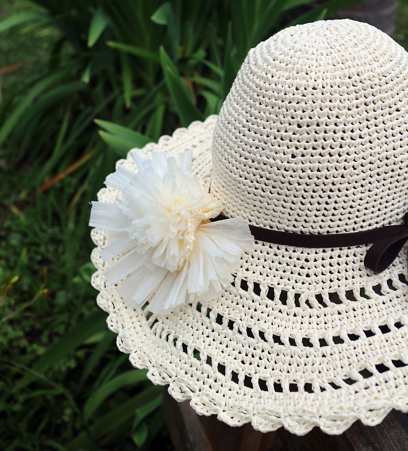 ちちち手作り・模様織り・大帽子・日よけ帽・大帽子・手編み・旅 - 帽子 - 紙 ホワイト