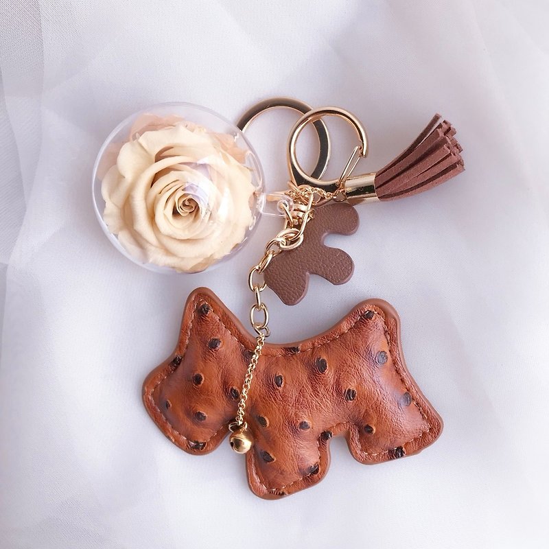 Dog Immortal Flower pendant leather keychain Valentine's Day gift New Year's gift - Keychains - Plants & Flowers Brown