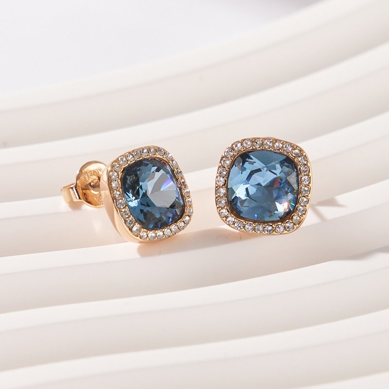 Square Micro Luxury Crystal Diamond Earrings (Navy Blue) - ต่างหู - คริสตัล สีน้ำเงิน