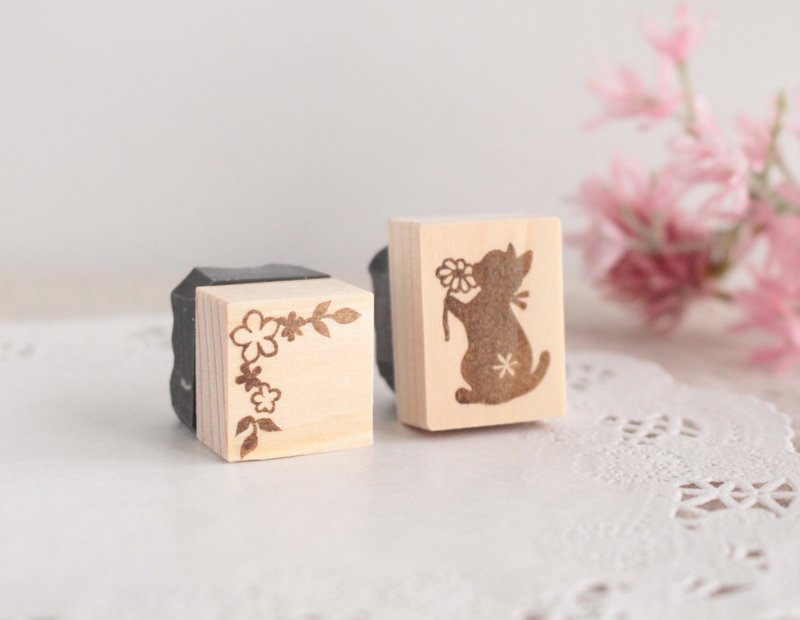 子猫とお花コーナー飾りのスタンプセット - 印章/印台 - 橡膠 透明