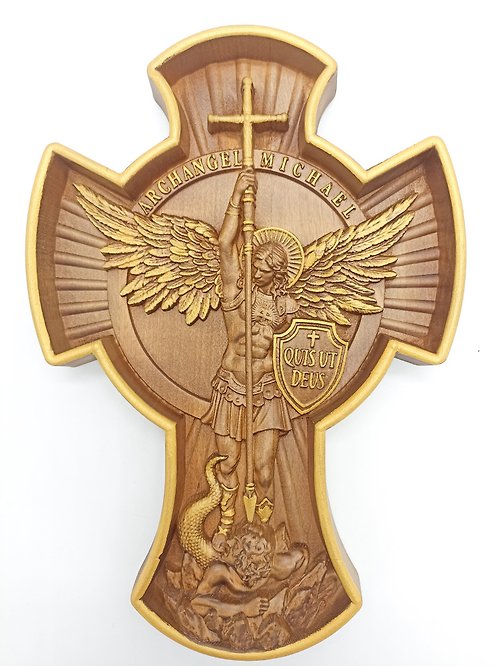 AndyCarver Archangel Michael wooden cross 30*21 cm, Wall Crucifix, Catholic cross Wood
