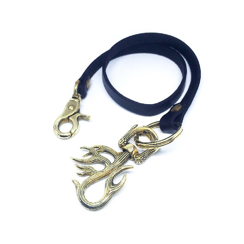 Stag horn with leather Wallet Chain ,Solid Raw Brass ,Biker jewelry - ที่ห้อยกุญแจ - โลหะ สีทอง