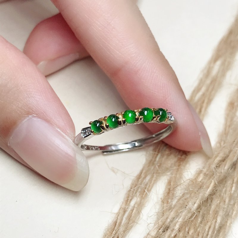 Bingzhong Laokeng green cabochon ring 925 sterling silver inlaid | Natural Burmese jade A grade jade | Gift giving - General Rings - Jade Green