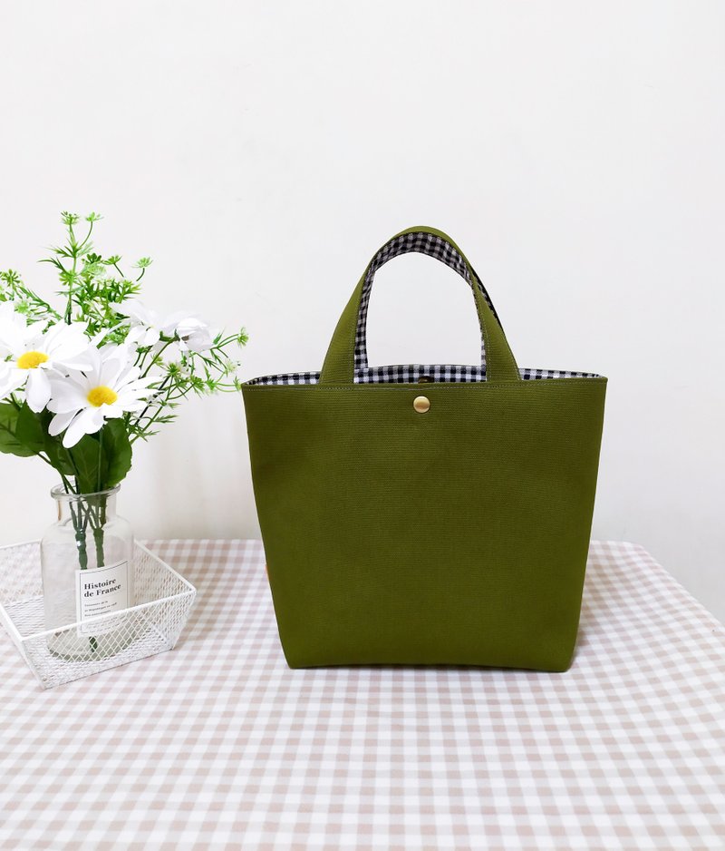 French series classic canvas bag/lunch bag/checkered handbag/tote bag/olive green style - กระเป๋าถือ - ผ้าฝ้าย/ผ้าลินิน สีเขียว