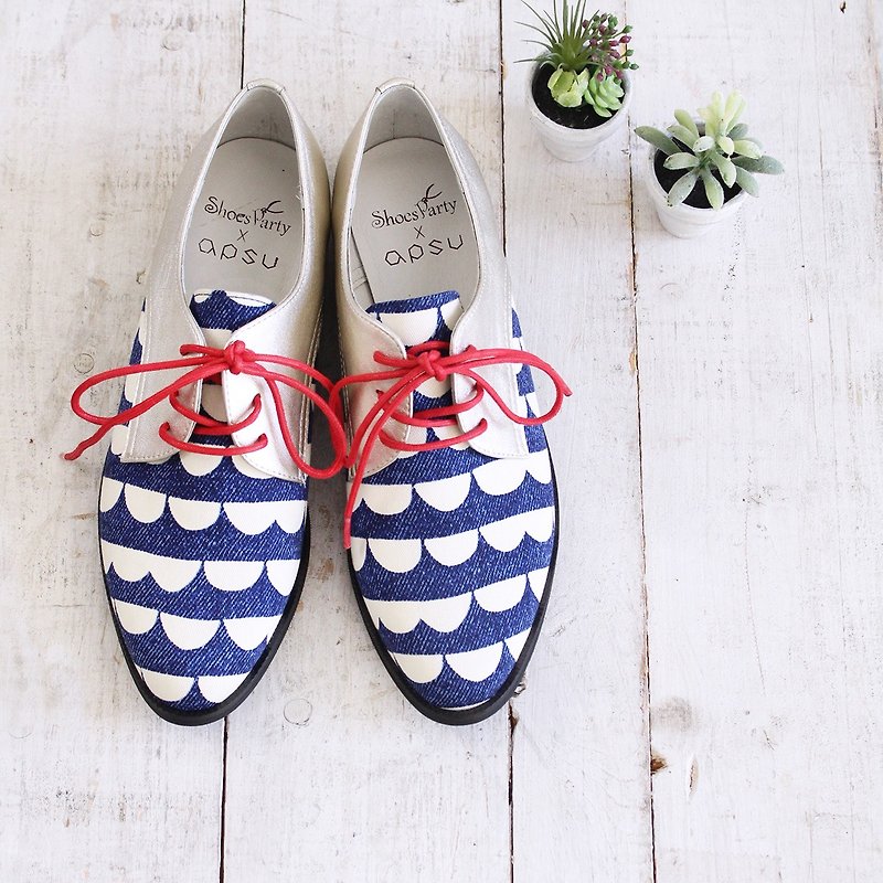 French sailor Derby shoes / women's shoes / handmade custom / Japanese fabric / leather / M2-18623F - รองเท้าอ็อกฟอร์ดผู้หญิง - ผ้าฝ้าย/ผ้าลินิน สีน้ำเงิน
