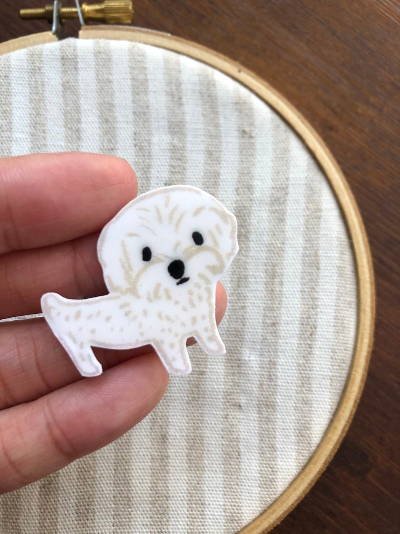 Maltese dog brooch Maltese illustration jewelry animal handmade pin badge - Brooches - Plastic White