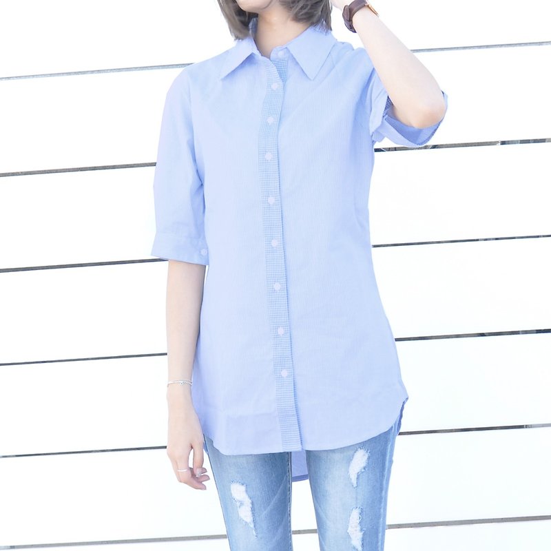 五分袖藍白直間長版拼接襯衫 色織細條純棉長版襯衫-藍條紋 - 女襯衫 - 棉．麻 藍色