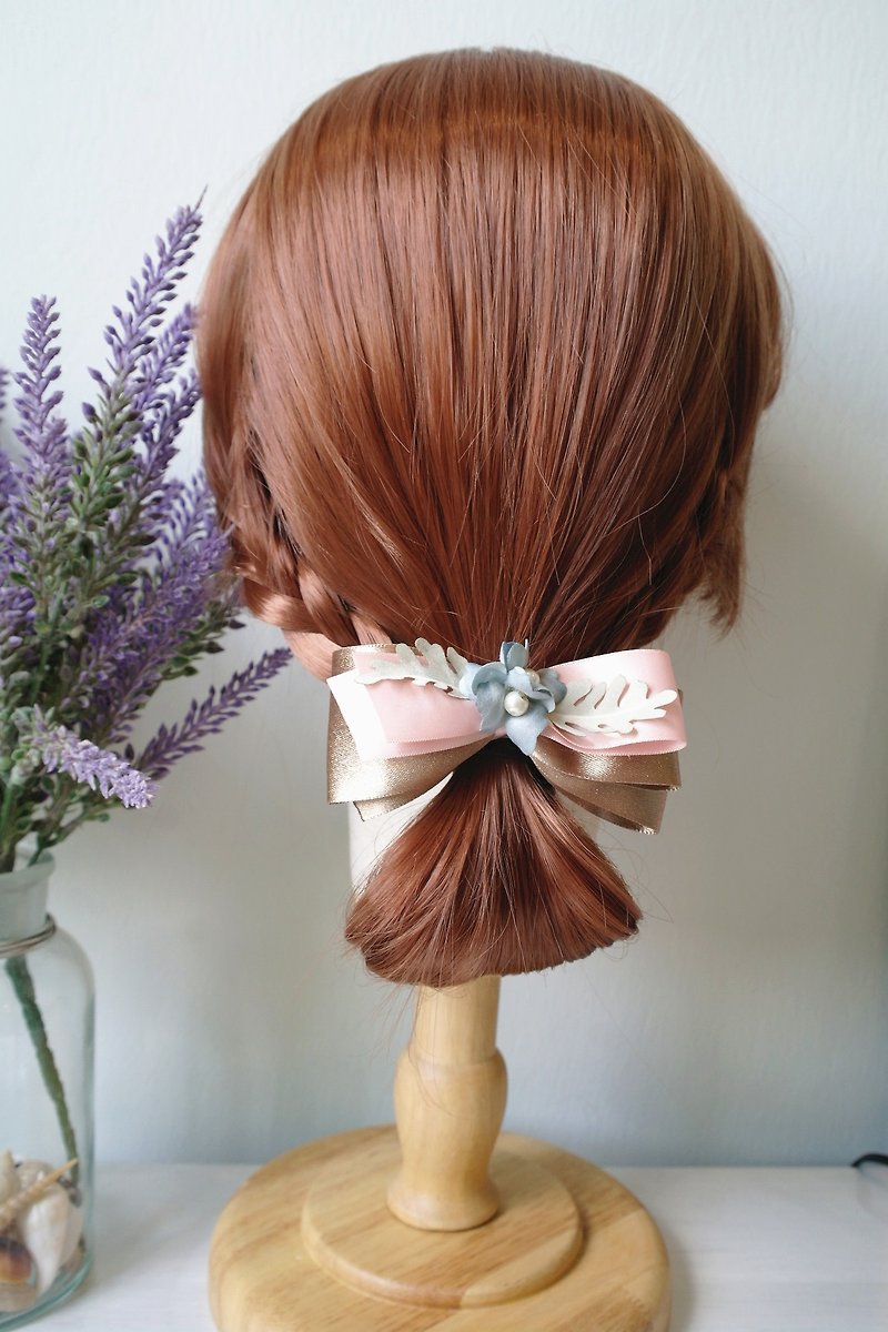 優惠 清純 藍色 珠子 葉子 粉色 金色 緞帶 蝴蝶結 髮飾 HA0210 - 髮夾/髮飾 - 棉．麻 粉紅色