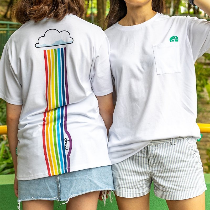 Wulala Collection - Rainbow Rain Cotton T-shirt - เสื้อฮู้ด - ผ้าฝ้าย/ผ้าลินิน ขาว