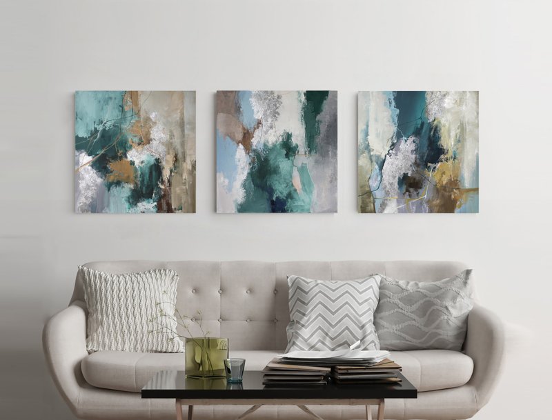 Green Abstract Painting | Triptych  Abstract | Green Hill Coast 2 Green Hill 2 - 壁貼/牆壁裝飾 - 棉．麻 綠色