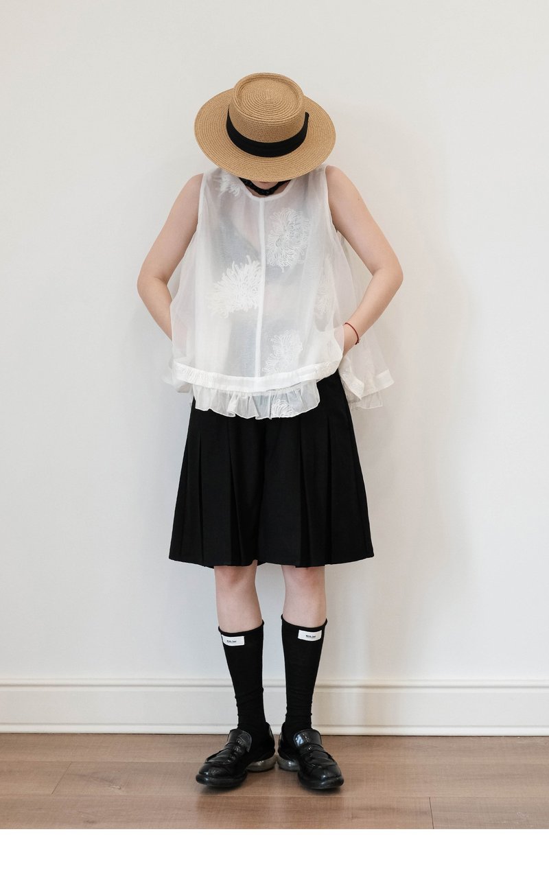 中式無袖國風刺繡荷葉邊白色襯衫上衣背心 - 背心/無袖上衣 - 棉．麻 