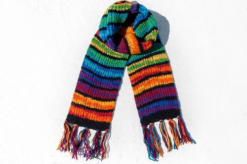 omhandmade 手織純羊毛圍巾/針織圍巾/鉤織條紋圍巾/手工針織圍巾-彩虹條紋