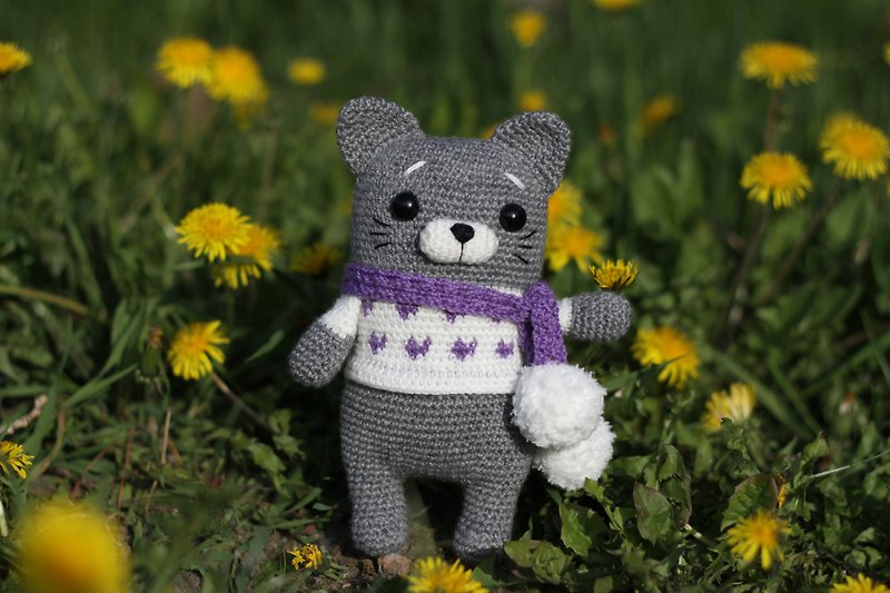 Crochet cat grey, Crochet cat Stuffed, toy knitted cat, Big soft cat - ของเล่นเด็ก - ขนแกะ 