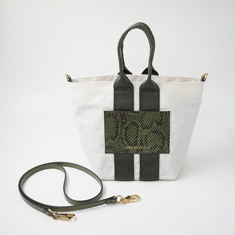 Mini Tote Bag ComoToteMini snake pattern cowhide/cotton canvas - กระเป๋าถือ - ผ้าฝ้าย/ผ้าลินิน ขาว