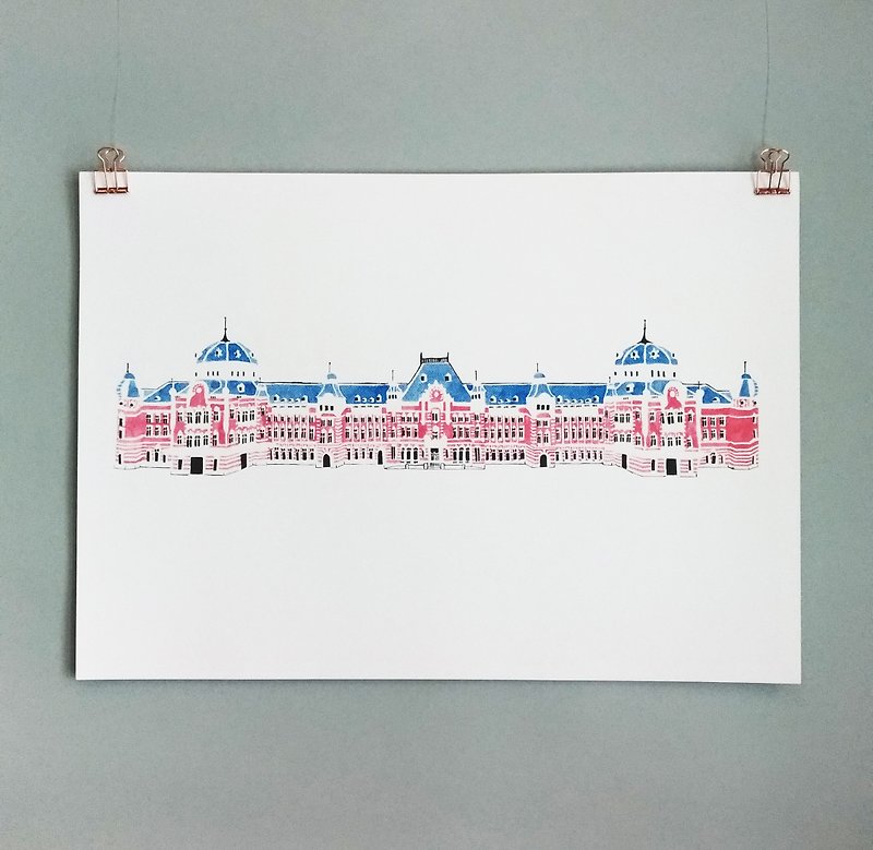 Tokyo Station architecture illustration / Risograph Print A3 / - Posters - Paper Red