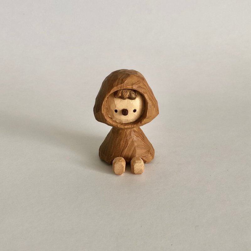 Handmade wooden carving little girl wearing a wooden hat - Items for Display - Wood Brown